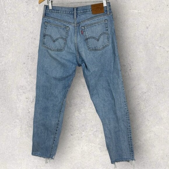 Revolve Levis Wedgie Raw Hem Button Fly High Rise Denim Shut Up Blue Size 28 - Picture 5 of 15